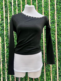 Black One Shoulder Stud Detail Knit Long Sleeve Top