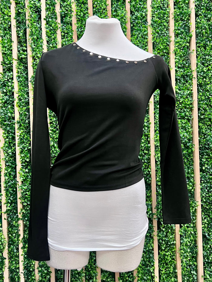 Black One Shoulder Stud Detail Knit Long Sleeve Top