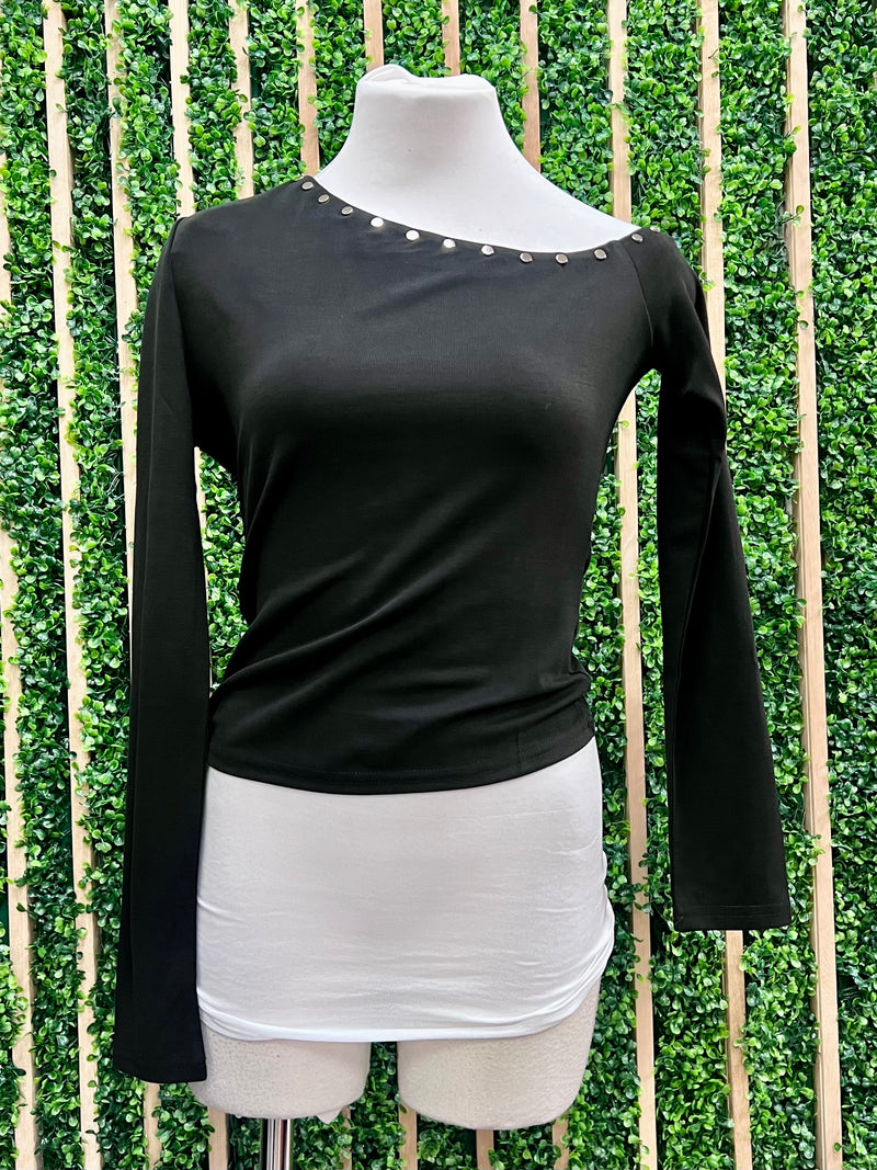 Black One Shoulder Stud Detail Knit Long Sleeve Top