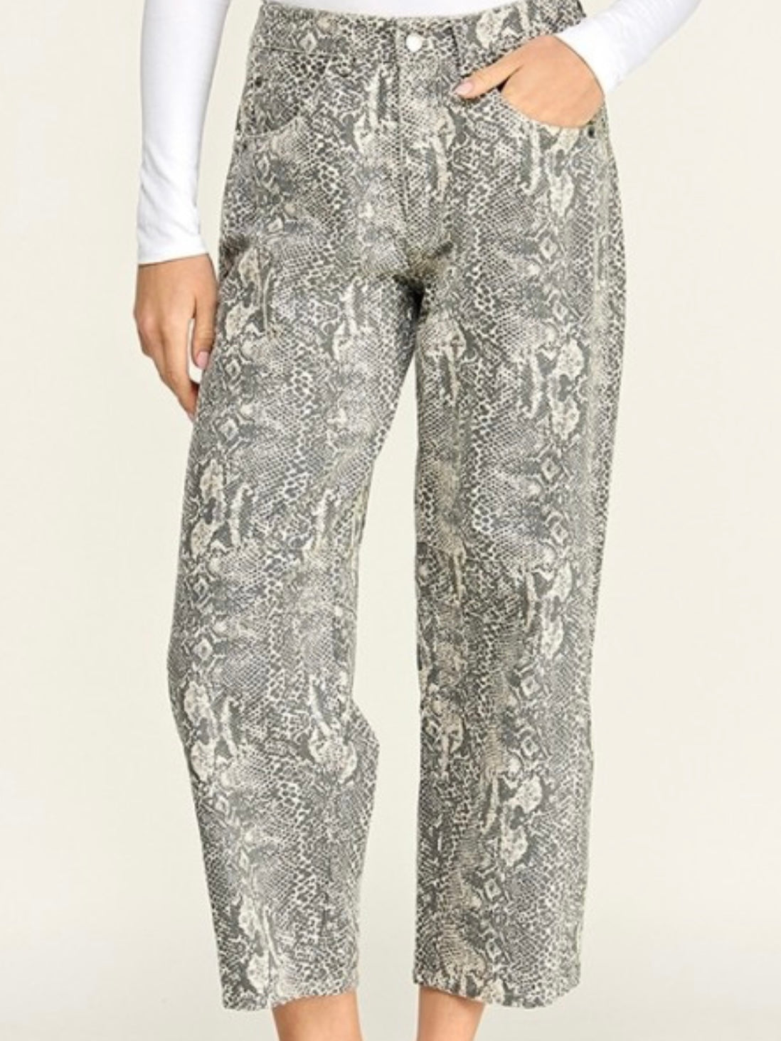 Grey Snake Print Barrel Jeans