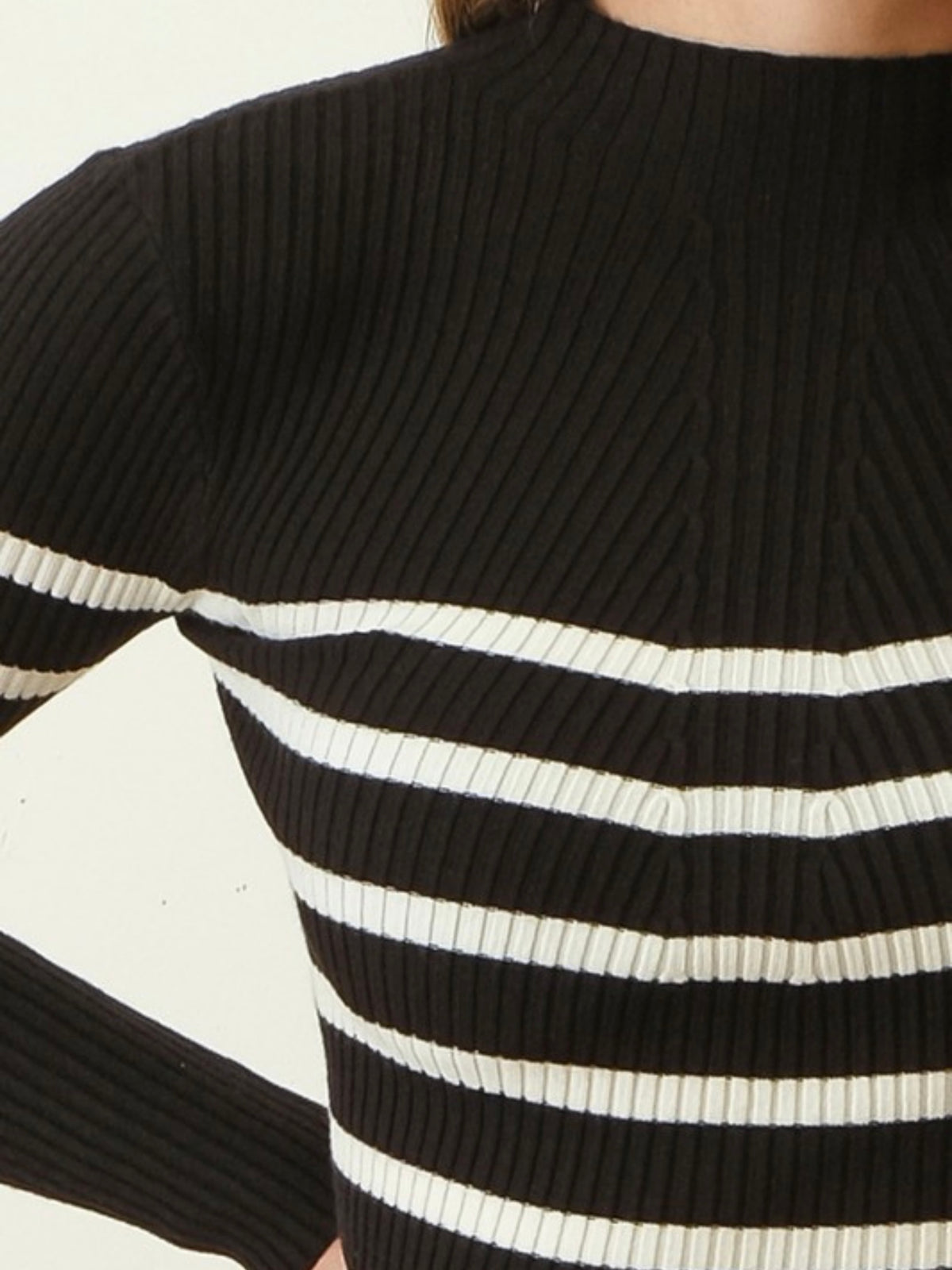 Black Stripe Mock Neck Long Sleeve Sweater