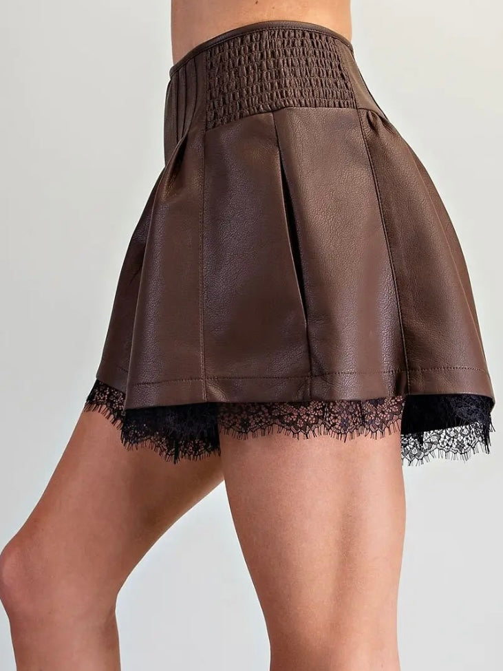 Chocolate Lace Trim Pleather Shorts