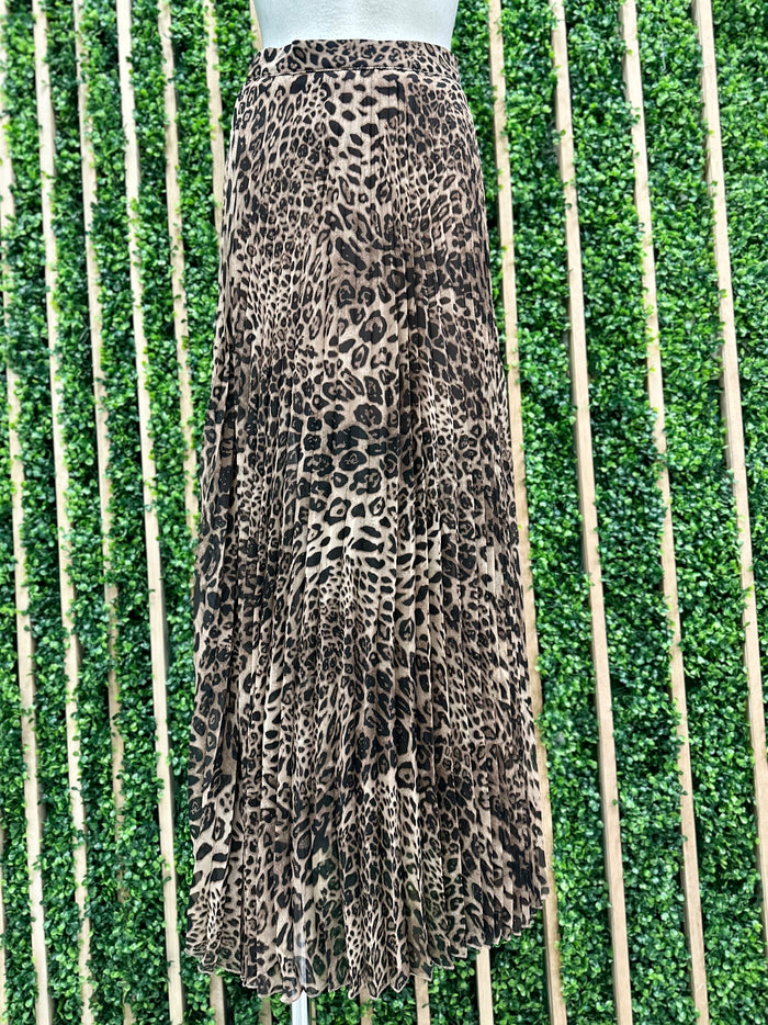 Brown Animal Print Pleated Maxi Skirt