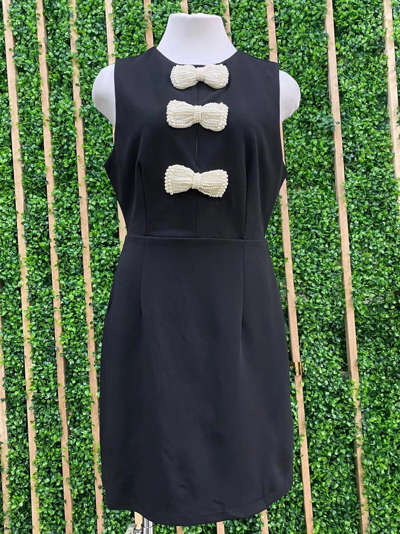 Pearl Bow Detail Black Short Dress