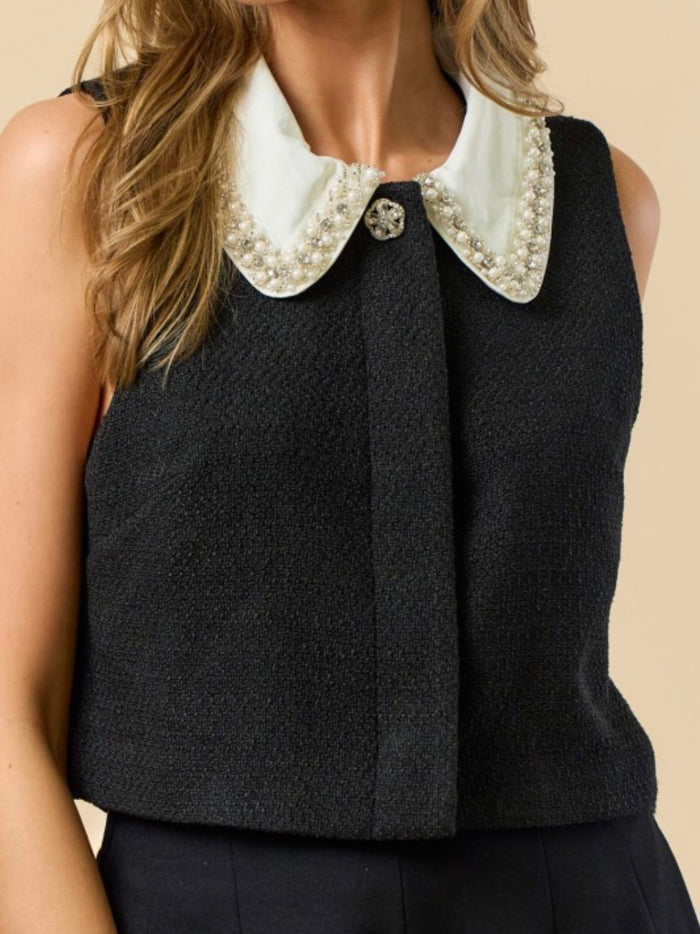 Black Sleeveless Tweed Top With Contrast Collar