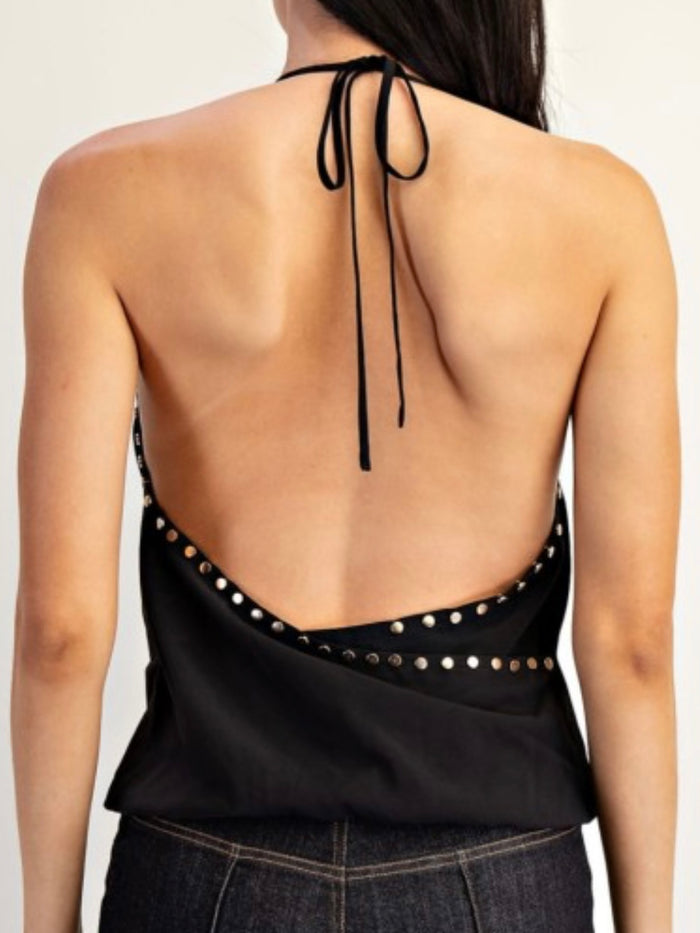 Black Studded Cowl Neck Halter Top