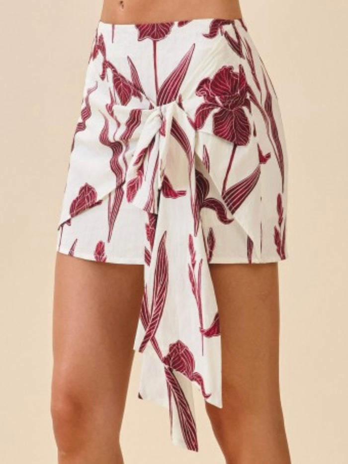 Burgundy Floral Print Front Tie Short Skirt