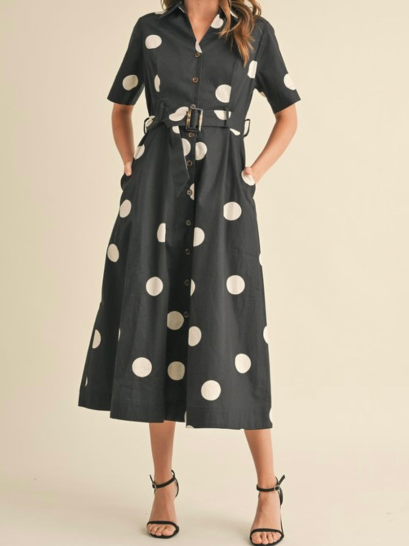 Black Polka Dot Button Down Blouse Midi Dress