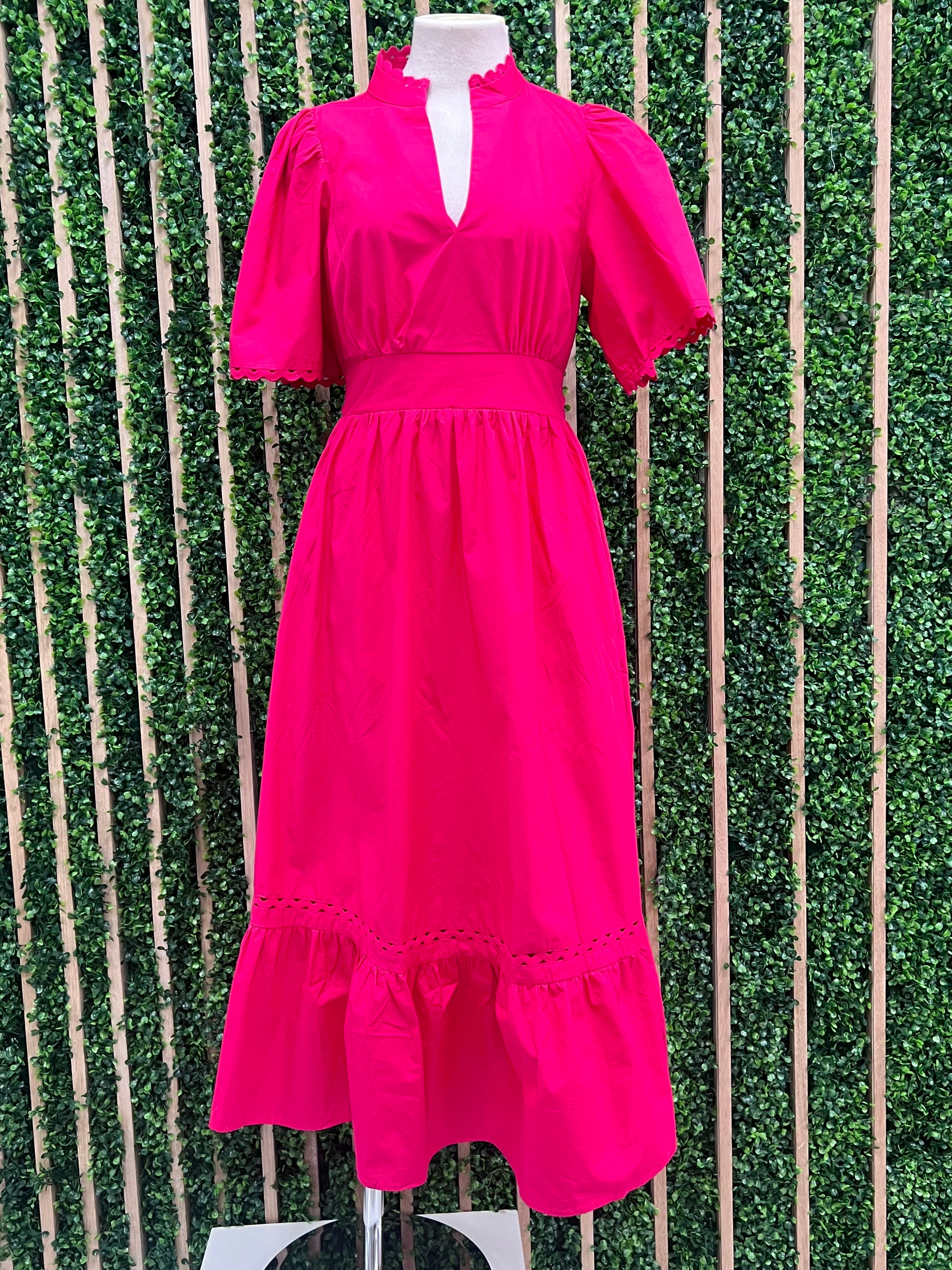 Fuchsia Red Balloon Sleeve Waisted Midi Dress