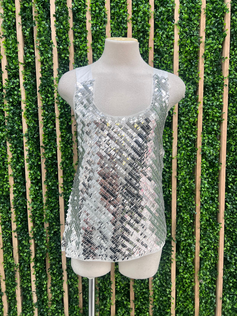 Shoulder Tie Sequin Silver Top