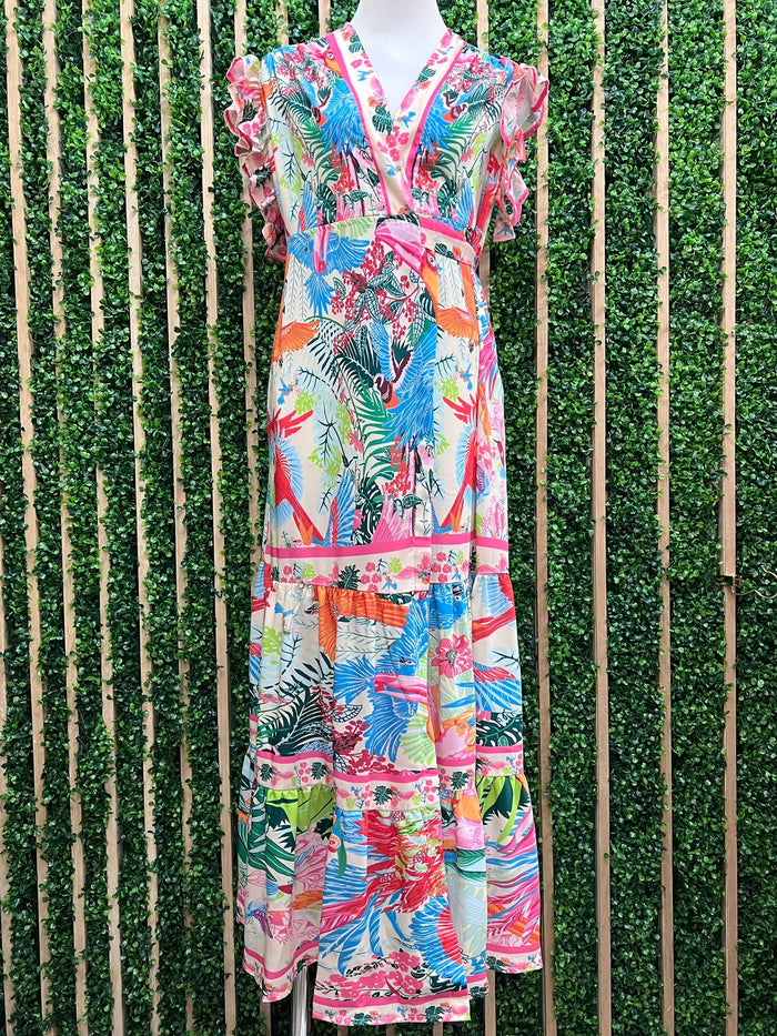 Resort Bright V Neck Ruffle Sleeves Maxi Dress