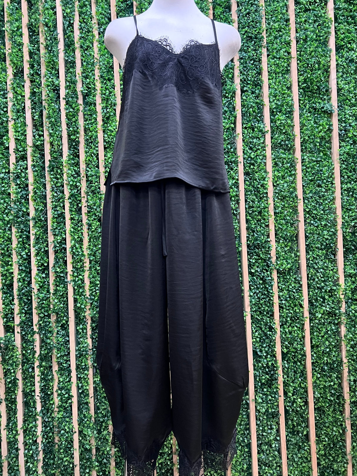 Black Eyelash Lace Satin Cami Top