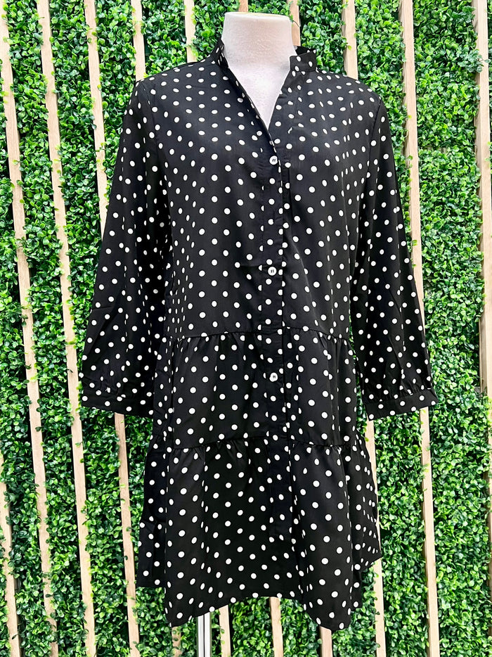 Polka Dot Button Down Drop Waist Short Dress