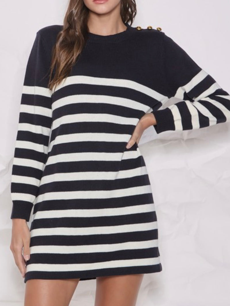 Button Detail Black Ivory Stripe Knit Dress