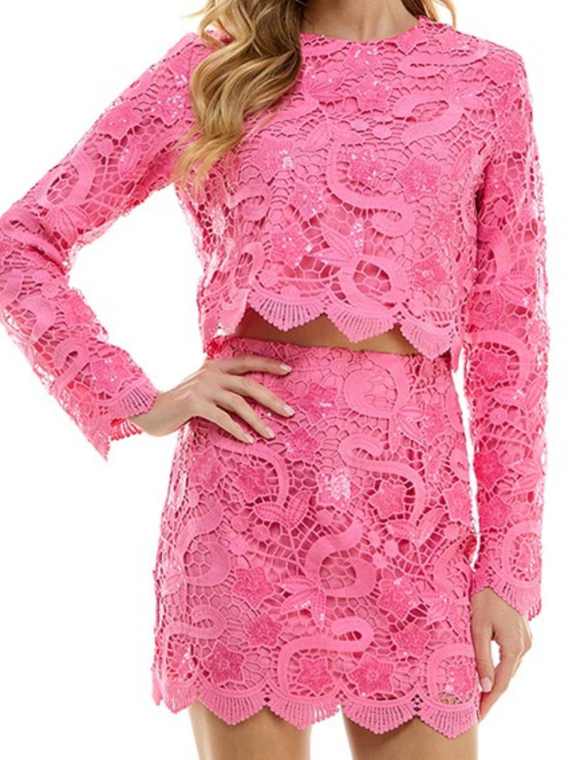 Delicate Pink Lace Long Sleeve Blouse