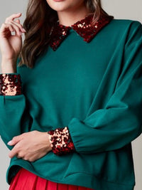 Green Sequin Neckline Collared Blouse Top