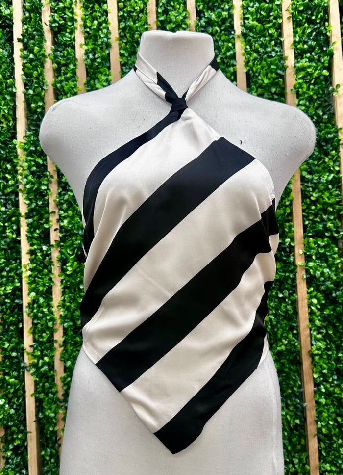 Black White Bias Satin Stripe Halter Top