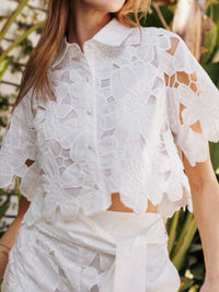 Beautiful White Cutout Floral Lace Crop Blouse