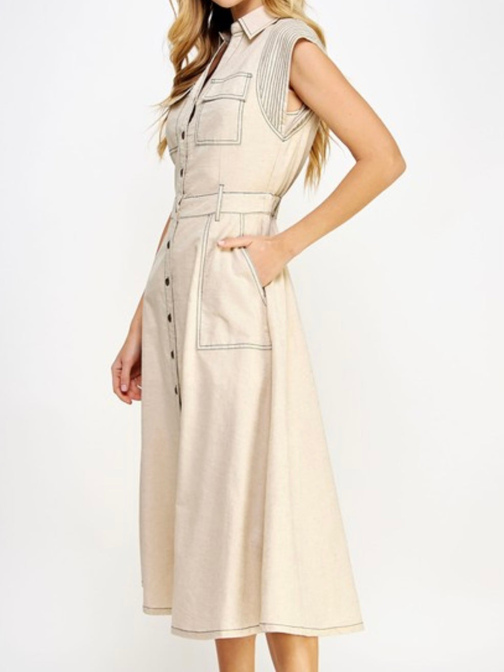 Stitch Detail Linen Midi Dress