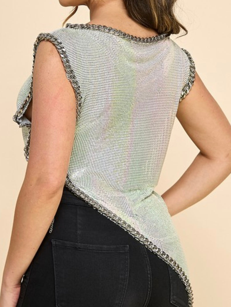 Iridescent Silver Mesh Asymmetrical Top