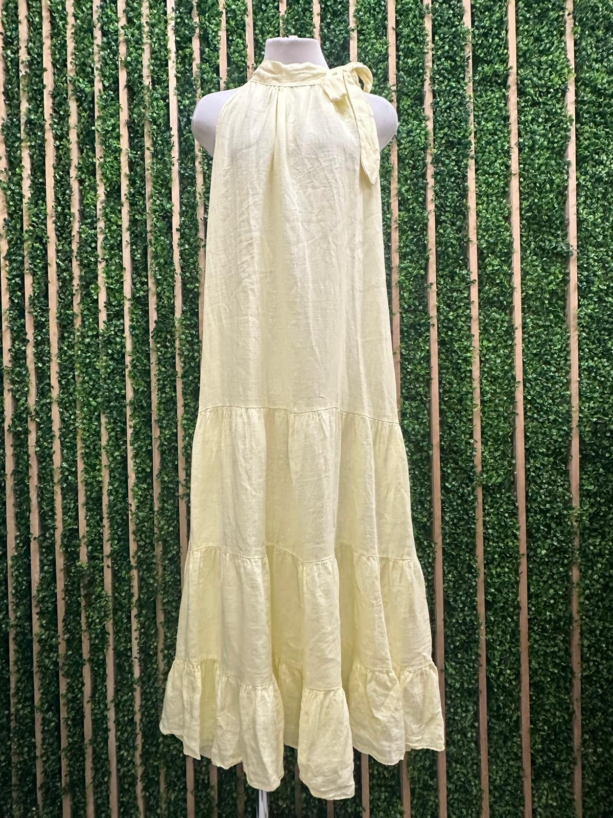 Neck Tie Tiered Linen Dress