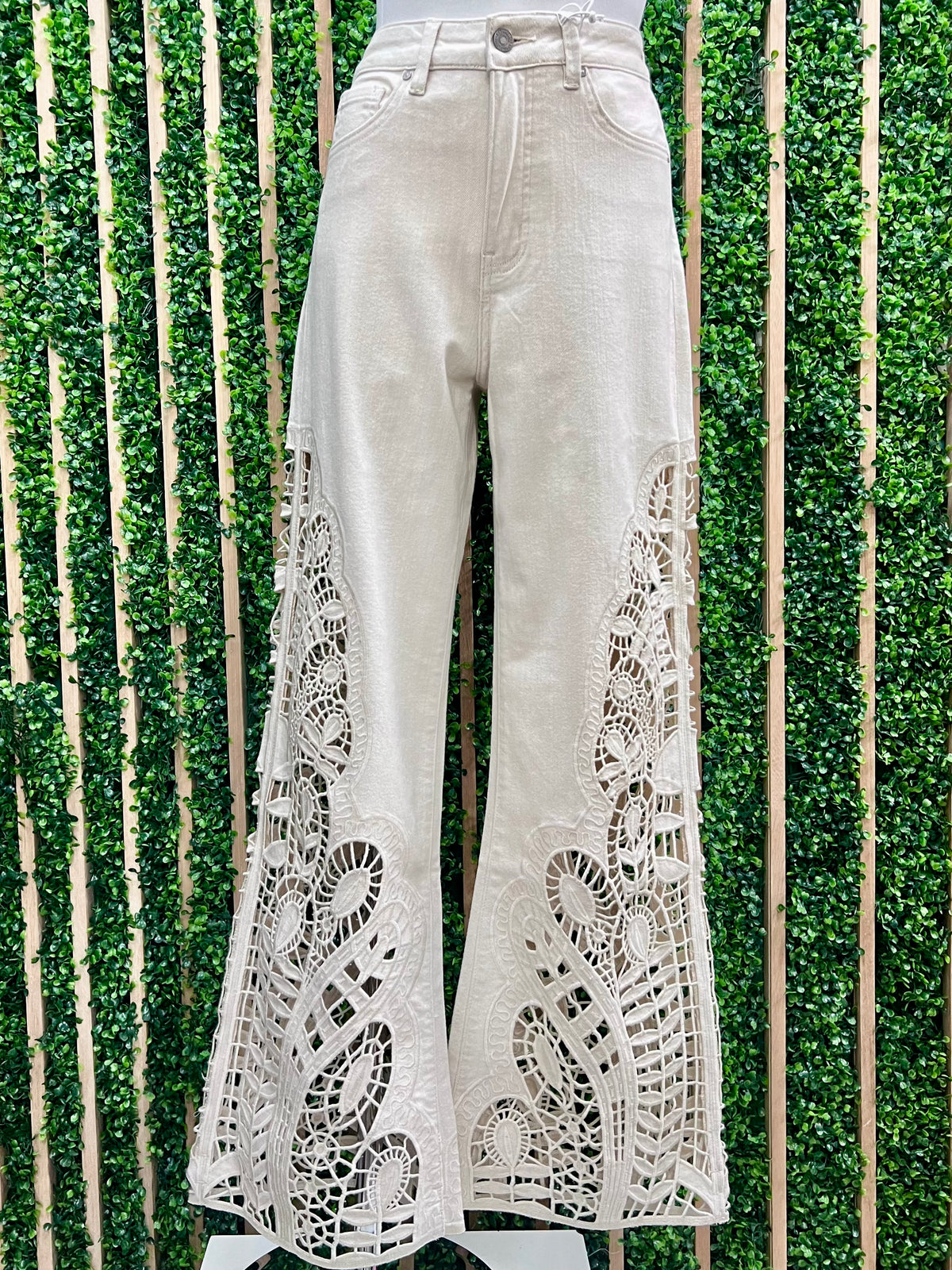 Cream Side Lace Legs Wide Leg Denim Pant