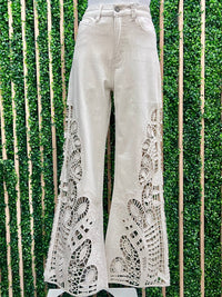 Cream Side Lace Legs Wide Leg Denim Pant