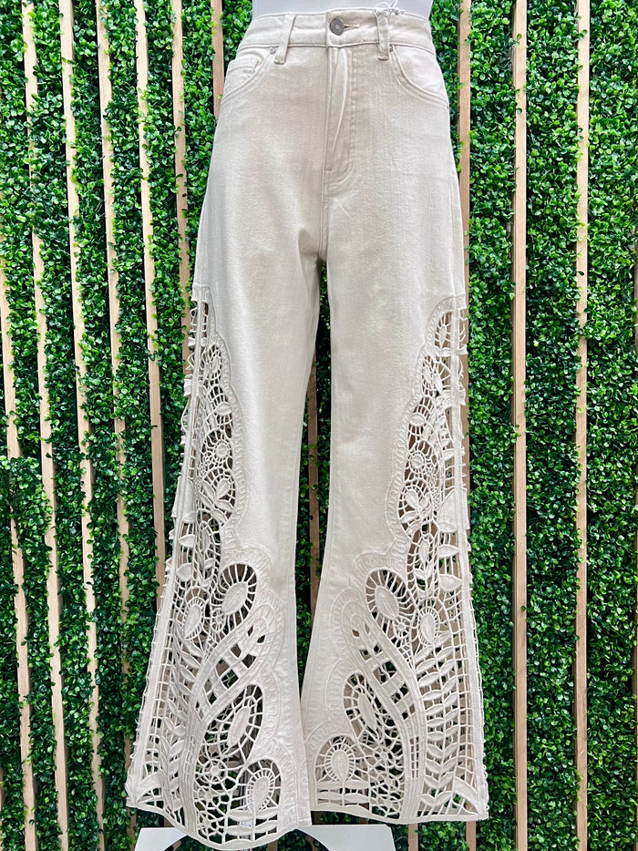 Cream Side Lace Legs Wide Leg Denim Pant