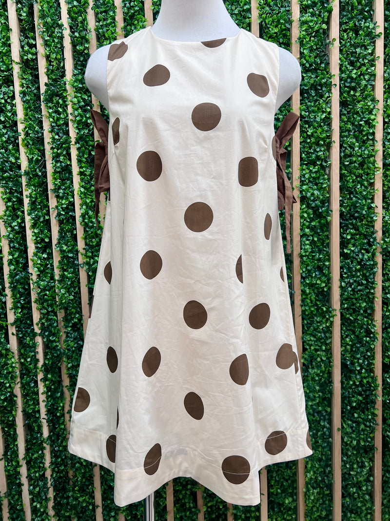 Ivory & Brown Polka Dot Mini Dress with Side Bows