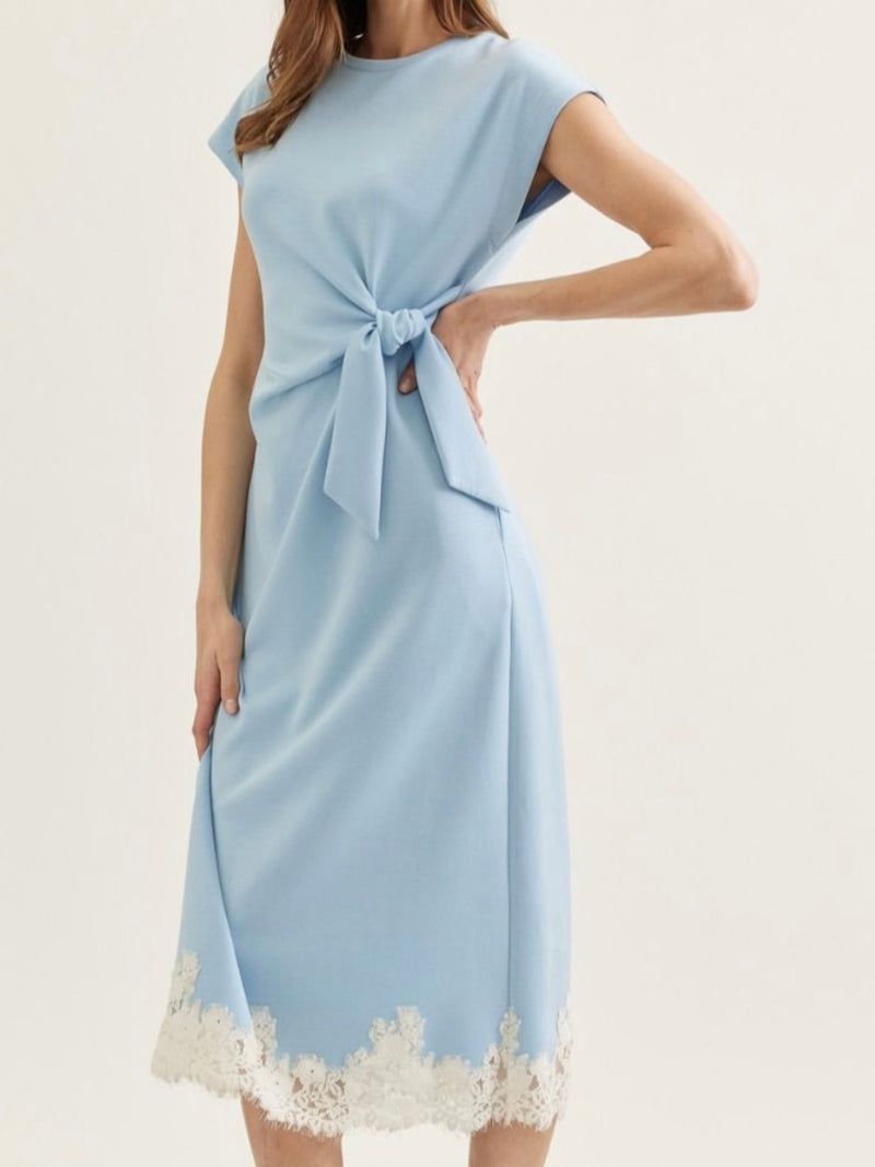 Light Blue Knot and Lace Detail Midi Skirt