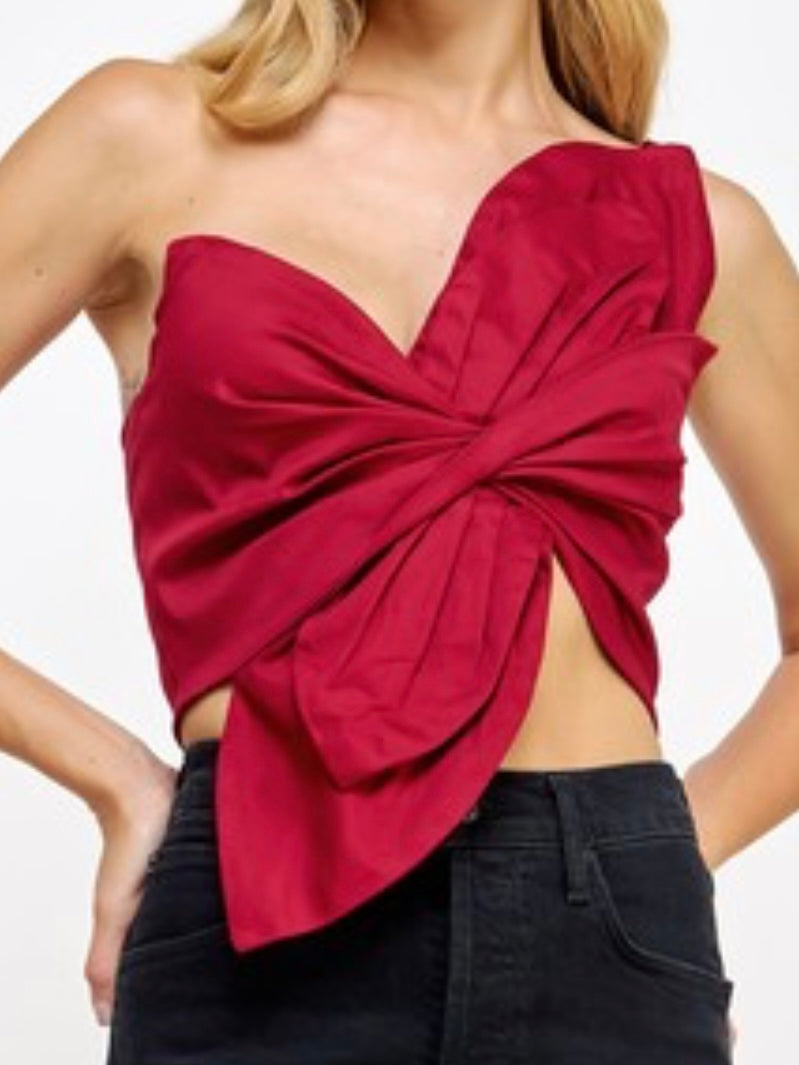 One Shoulder Knotted Flower Bow Crop Top
