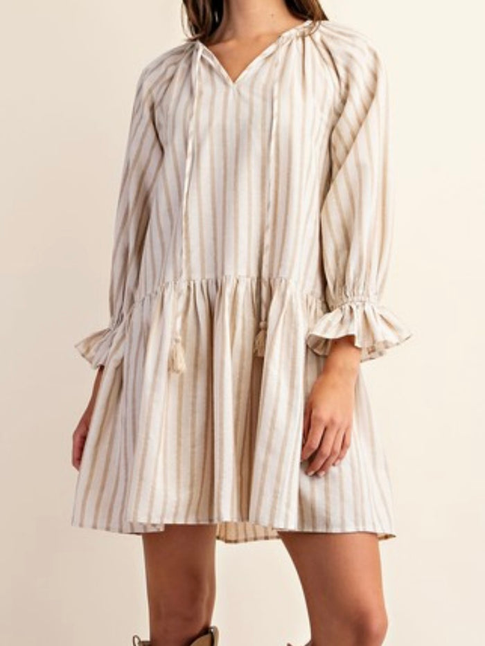 Beige Lurex Striped Short Dropwaist Dress