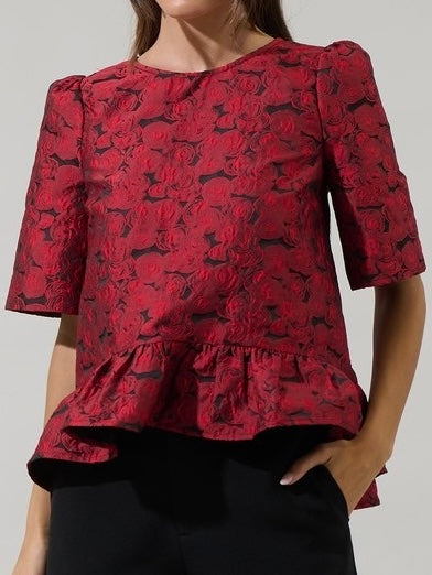 Red Jacquard Hi Low Blouse