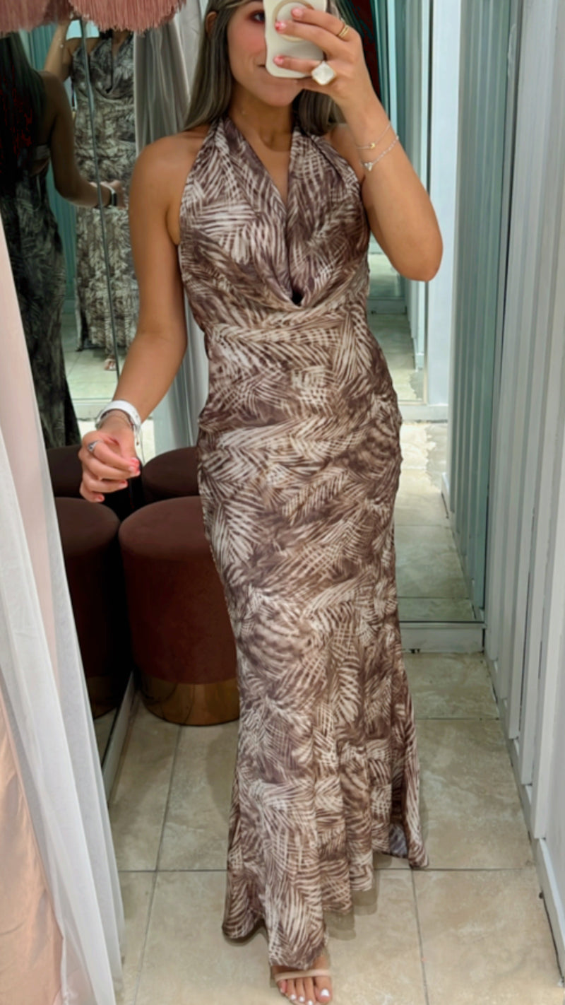 Beautiful Print Brown Draped Halter Maxi Dress