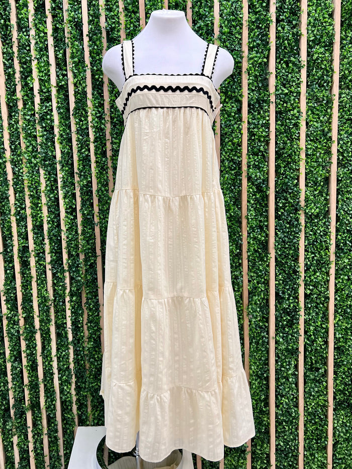 Cream Rig Rag Trim Detail Square Neck Maxi Dress