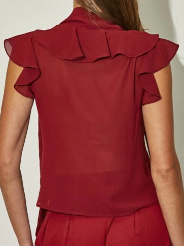 Burgundy Ruffled Short Sleeve With Scarf Chiffon Top