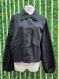 Black High-Neck Utility Jacket with Balloon Sleeves