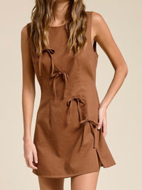 Brown Front Bows Round Neck Short Linen Dress