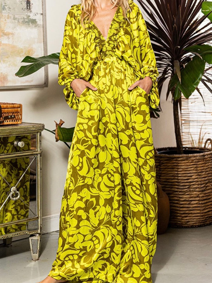 Lime Print Smocked Jumpsuit