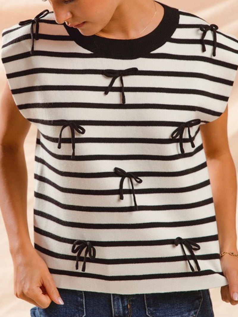 Stripe Contrast Ribbon Sleeveless Sweater Top