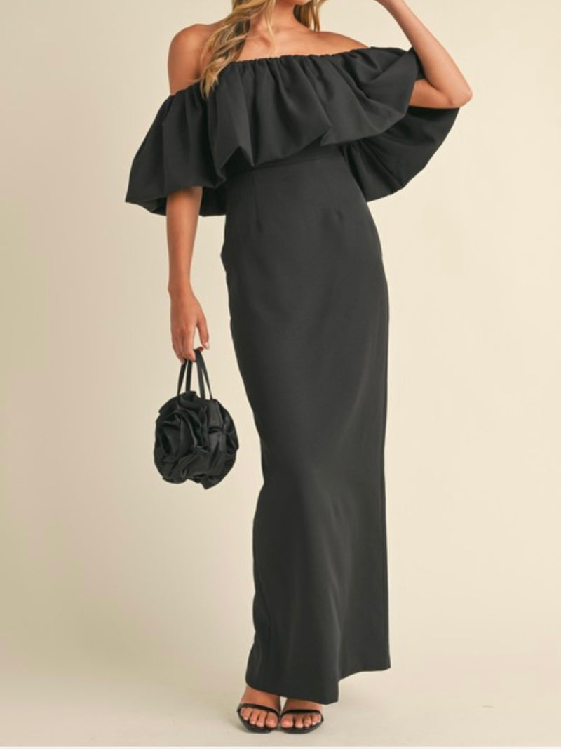 Black Off Shoulder Layer Long Dress