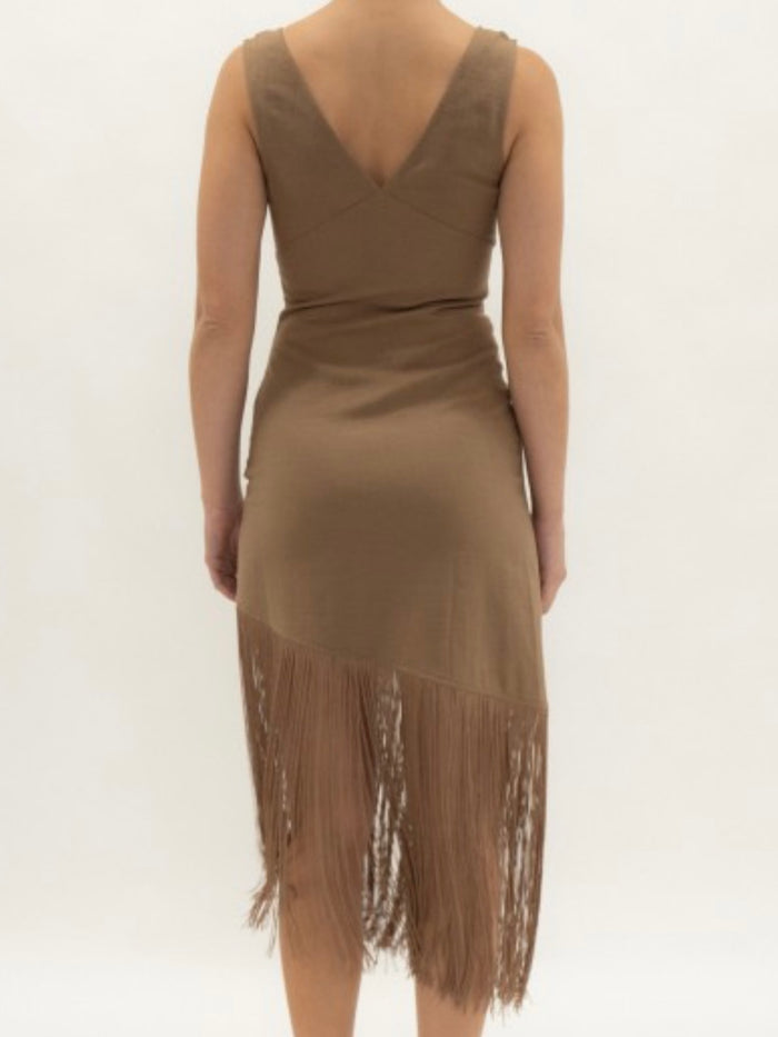 Mocha Fringe Midi Dress V-Neck Sleeveless Dress