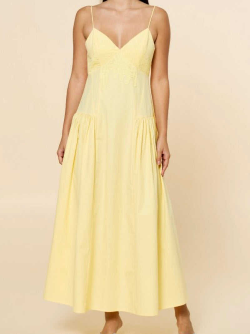 Yellow Lace Detail Fit and Flare V neck Midi Dress