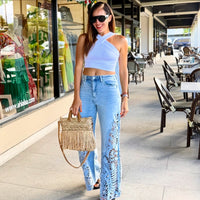 Blue Side Lace Legs Wide Leg Denim Pant