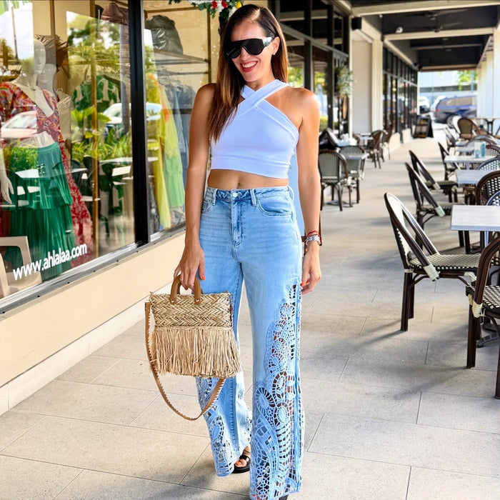 Blue Side Lace Legs Wide Leg Denim Pant