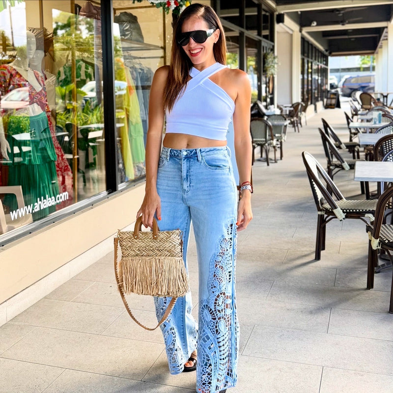 Blue Side Lace Legs Wide Leg Denim Pant