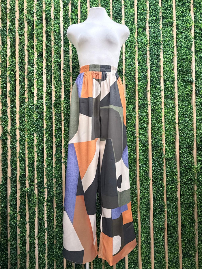 Blue Brown Modern Abstract Print Wide Leg Pant