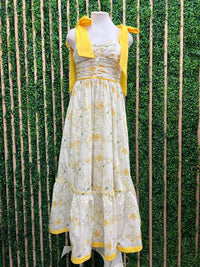 Yellow Floral Print Woven Feminine Ribbon Strap Dress