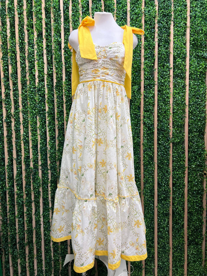 Yellow Floral Print Woven Feminine Ribbon Strap Dress