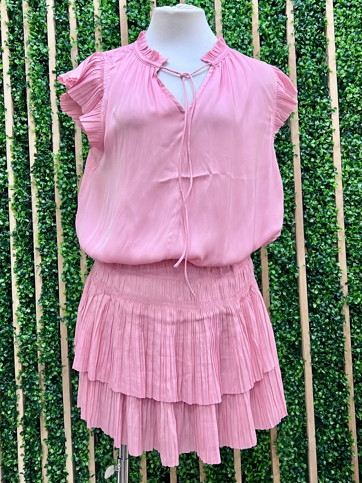 Blush Pleat Detail Neck And Sleeves Short Dress